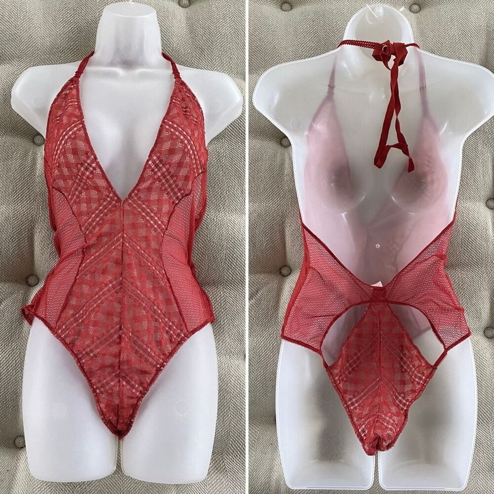 Victoria’s Secret Rust Red Orange Mesh Lace Lingerie Bodysuit L